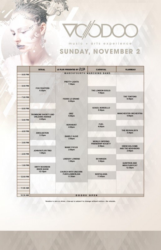 Voodoo 2014 Schedule: Sunday, November 2